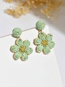 OOQ 1 Pasang Anting-Anting Gaya Boho Musim Panas Anyaman Rotan Buatan Tangan dengan Motif Bunga Warna-warni, Desain Niche Minimalis Elegan dengan Rumbai Bunga, Cocok untuk Pemakaian Sehari-hari, Liburan, dan Pesta Wanita (Pola Tekstur Anyaman Tangan Acak) - Hijau - View 2