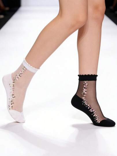女士薄纱花卉图案袜子，超薄透明水晶丝绸材质，弹性荷叶边袜口，透气吸汗，是送礼佳品，适合生日、情人节、母亲节、圣诞节、日常穿着、办公、约会、度假等各种场合。