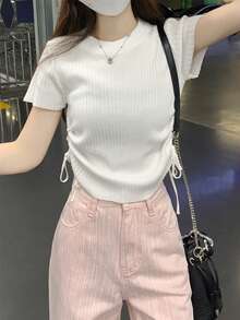 纯色收腰褶皱休闲夏季短袖针织女式上衣 白色 - 白色 - 查看 6