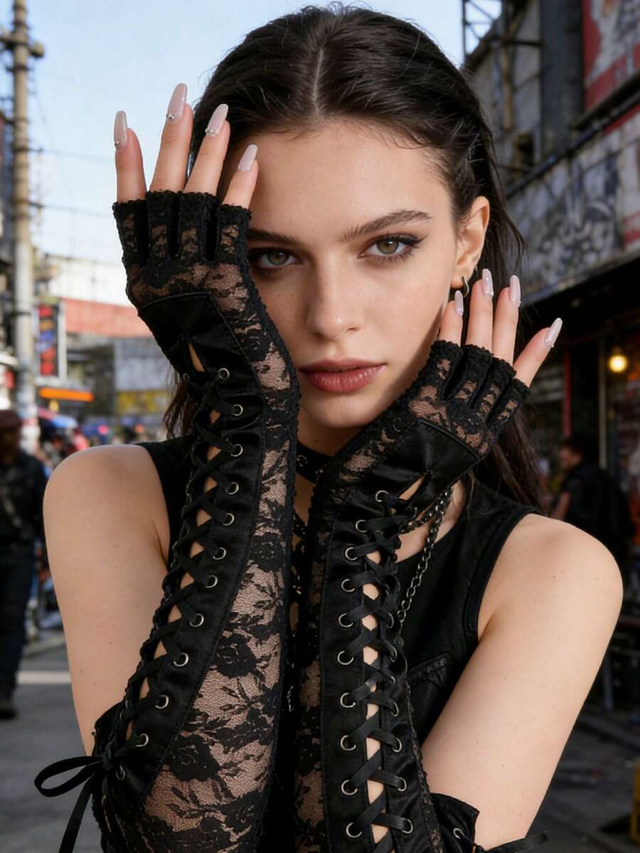1 双 Y2K 风格女士朋克性感蕾丝袖口,派对性感装饰,迷人丝带半指袖口,适合舞会、派对、夜店、新娘婚礼装饰和日常穿着,街头时尚、旅行、节日、手套、露营 - 彩色 - 查看 1