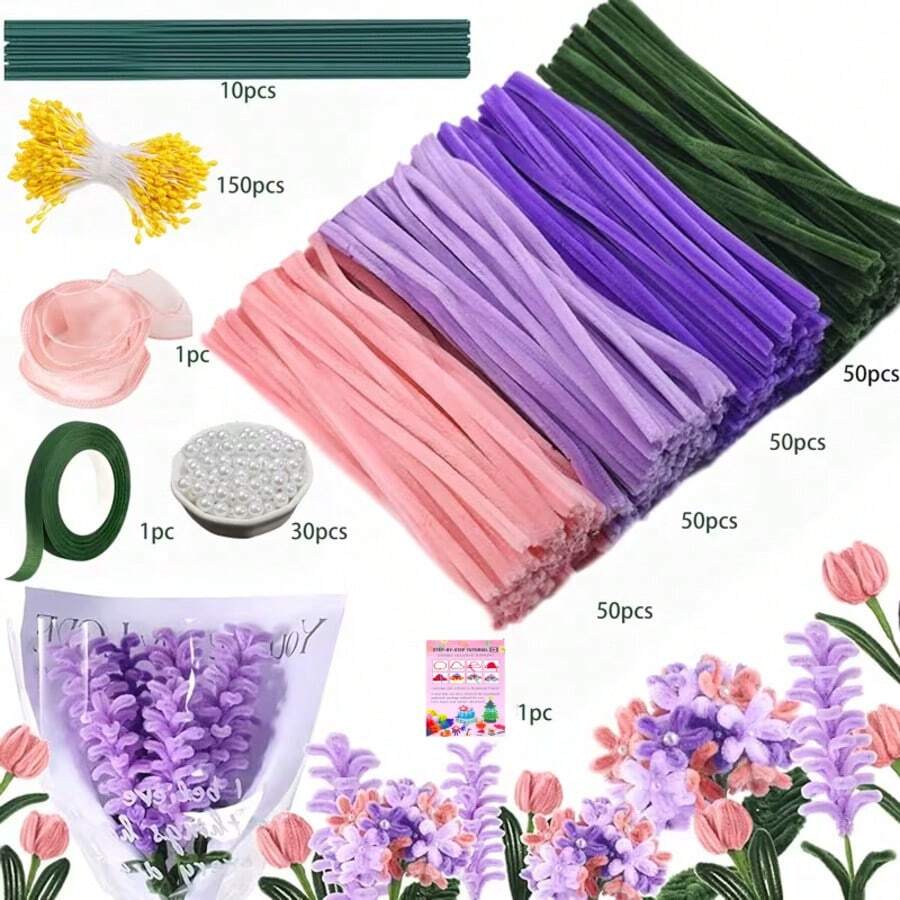 393 母亲节毛根花手工套装 / 特制毛根花 / 内含 200 根毛根 / 10 根绿色花茎 / 1 卷胶带 / 约 150 颗珠光黄色花蕊 / 约 30 颗珍珠 / 1 条丝带 / 1 张教程卡
