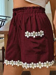 Women's Shorts, Commuting, Gatherings And Dates, Casual Occasions, Pockets And Floral Lace Trim, Loose Casual Summer Shorts, Wide Leg Shorts Vacation - Burgundy - View 3