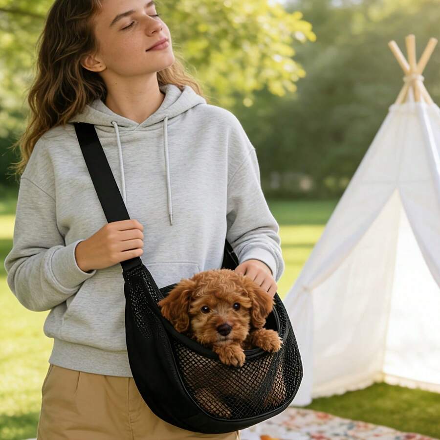 Bolso bandolera transpirable y ligero para perros/gatos, ventilado y plegable para viajes, adecuado para Teddy, Poodle, gatos, bolsa portadora de mascotas, accesorio esencial para mascotas, regalo perfecto para mascotas - Negro - Ver 1