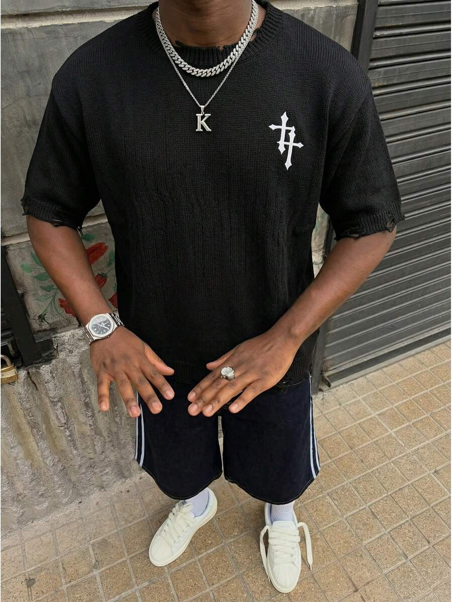 ANDREILEE Spring/Summer Cross Distressed Frayed Edge Unisex Fashionable Streetwear Casual Daily Commute Versatile Loose Fit Round Neck Short Sleeve Knit Top Black Sweater - Black - View 1