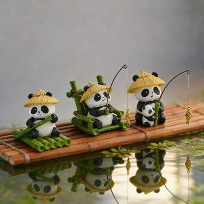 1 Tượng gấu trúc câu cá đáng yêu bằng nhựa resin - Mũ tre, vật trang trí nhà cửa, thích hợp cho cây bonsai, ao, bể cá và để bàn, quà tặng năm mới, dành cho phụ nữ, mẹ và bà.