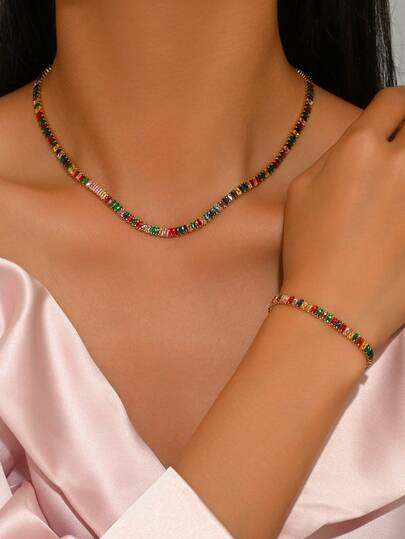 2pcs/Set Fashionable Elegant Colorful Crystal Necklace And Bracelet Jewelry Set, Minimalist Unique Design Suitable For Daily Wear, Party, And Gift, Chain Length Adjustable, Random Crystal Color