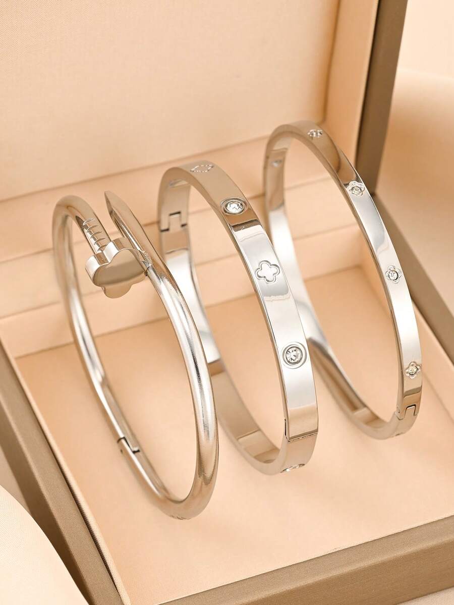 3件套不锈钢女士手链，复古经典简约风格，百搭饰品，适合派对、情人节礼物、狂欢节、音乐节、街头风、宴会等场合。 - 銀色 - 查看 1