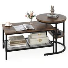 GOFLAME 2-In-1 Detachable Nesting Coffee Table Set Of 2, Faux Marble Top With Extra Storage Shelf, Small Round End Table & Rectangular Coffee Table For Living Room, Bedroom - Brown - View 1
