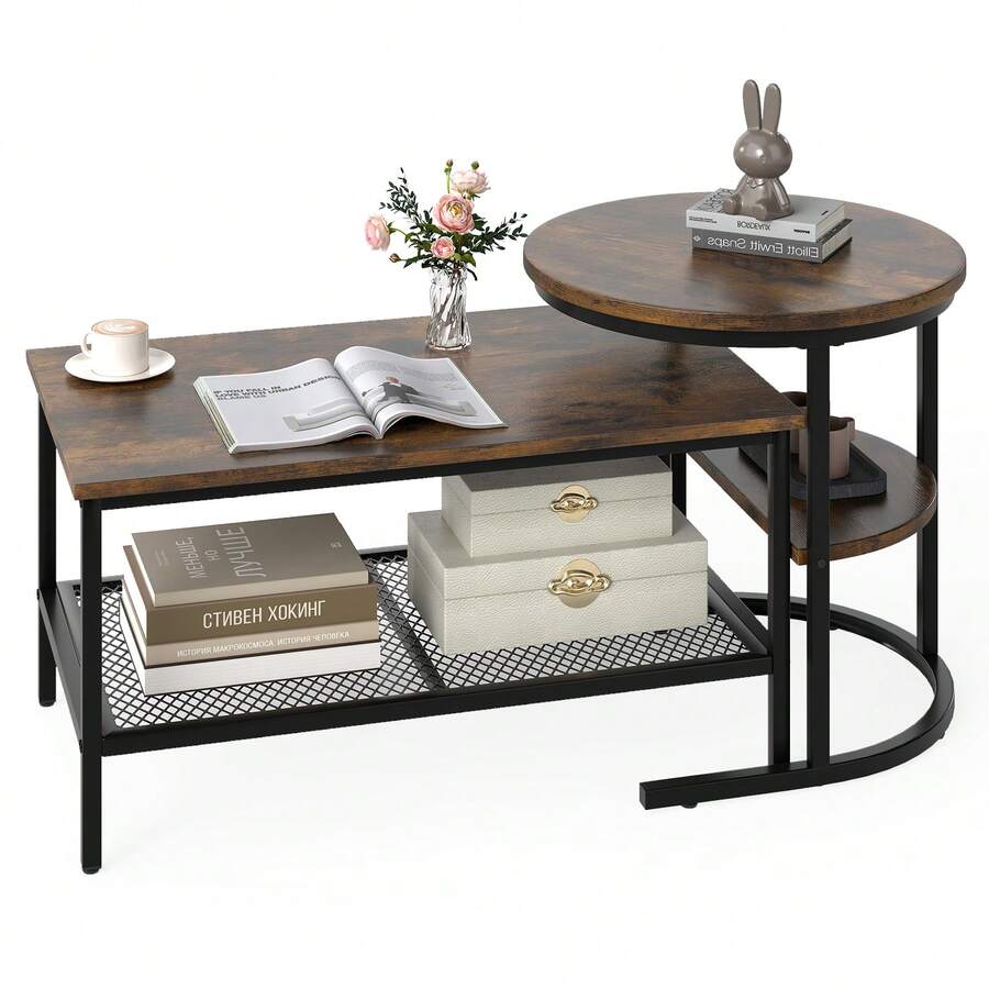 GOFLAME 2-In-1 Detachable Nesting Coffee Table Set Of 2, Faux Marble Top With Extra Storage Shelf, Small Round End Table & Rectangular Coffee Table For Living Room, Bedroom - Brown - View 1