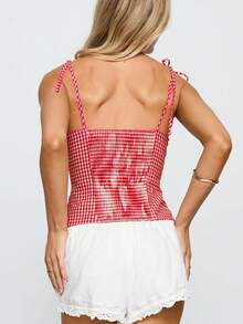 Women Plaid Tie Strap Top Check Print Slim Camisole Cute Lace Trim Scoop Neck Crop Tops Spaghetti Strap Button Tank Tops Shirts For Summer Streetwear - Đỏ - Xem 7