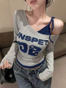 Asymmetric Contrast Color Block Long Sleeve T-Shirt, Sweet & Sexy Girl Print Fitted Tee For Women, Spring/Summer - Grey - View 2