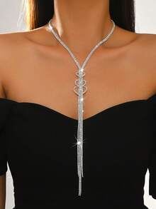 1件装奢华水晶流苏Y型项链，镂空心形设计，铜质，适合舞会、婚礼、新娘派对、圣诞礼物 - 銀色 - 查看 5
