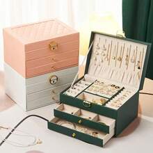 Hộp đựng trang sức 3 tầng sang trọng, hộp đựng trang sức cao cấp dung tích lớn, hộp đựng dây chuyền, bông tai, nhẫn, khuyên tai và vòng tay, hộp đựng trang sức chống bụi có khóa dùng trong nhà, hộp đựng trang sức tinh tế cho bàn trang điểm, hộp đựng trang sức cao cấp làm quà tặng. - Nhiều màu - Xem 8