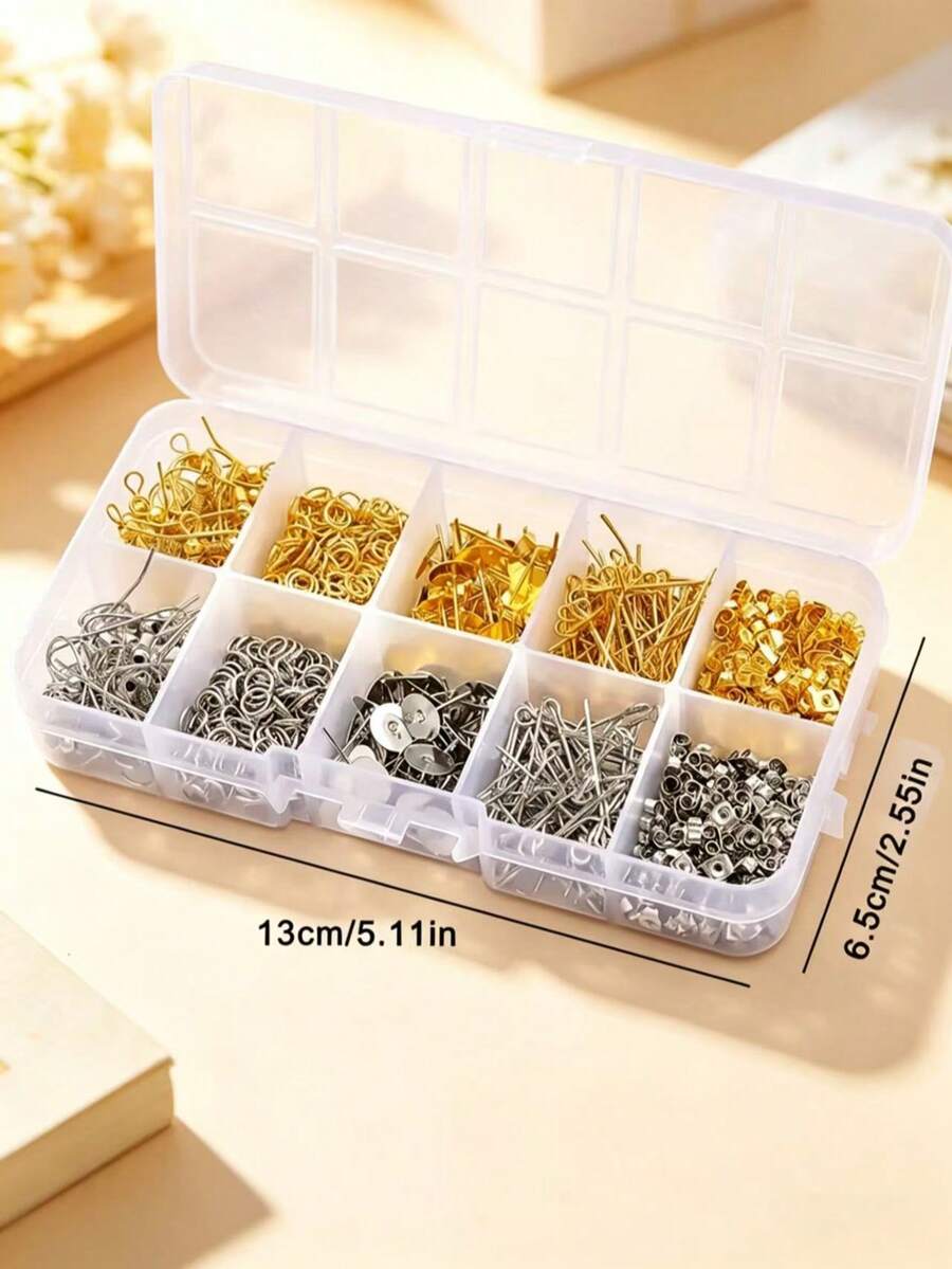 1 Box Handmade Jewelry Making Earring Kit, Includes Fishhook Earrings, Open Jump Rings, Butterfly Earring Clips, Pendant Connectors, Closed Rings, Suitable For Jewelry Repair And Handcrafting - Golden/white K - View 1