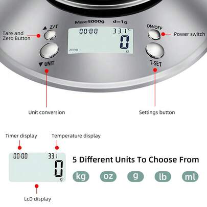 11磅/0.1盎司数字厨房食物秤，不锈钢材质，带秤碗，适用于烹饪