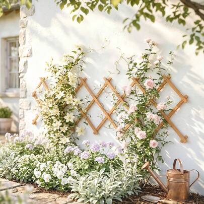  Outsunny Enrejado de Jardín de Madera Extensible, Soporte para Plantas Trepadoras, Rosas, Parra, Decoración Exterior para Patio, Balcón, 180x60 cm, Marrón Claro