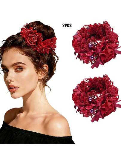 2 chiếc băng đô hoa hồng phong cách Bohemian | Băng đô hoa bằng vải ren thêu thời trang, phù hợp cho sử dụng hàng ngày và tiệc cưới.