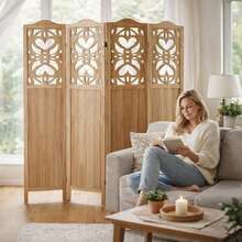 4 Panel Room Divider Fully Assembled, Carved Room Dividers And Folding Screens, 5.6Ft Wood Room Divider Screen Freestanding Partition Wall Dividers For Home Bedroom Office, Natural - Natural - View 5
