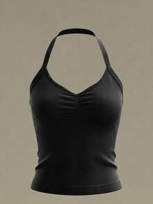 UONNOU 1件装女士吊带V领修身性感露背塑腰运动背心，春夏款 - 黑色 - 查看 3