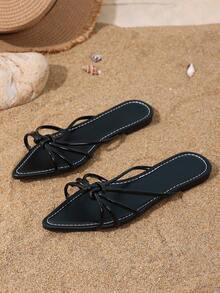 女士尖头黑色穆勒平底凉鞋，露趾无后跟设计，适合夏季日常休闲穿着和海滩度假 - 黑色 - 查看 1