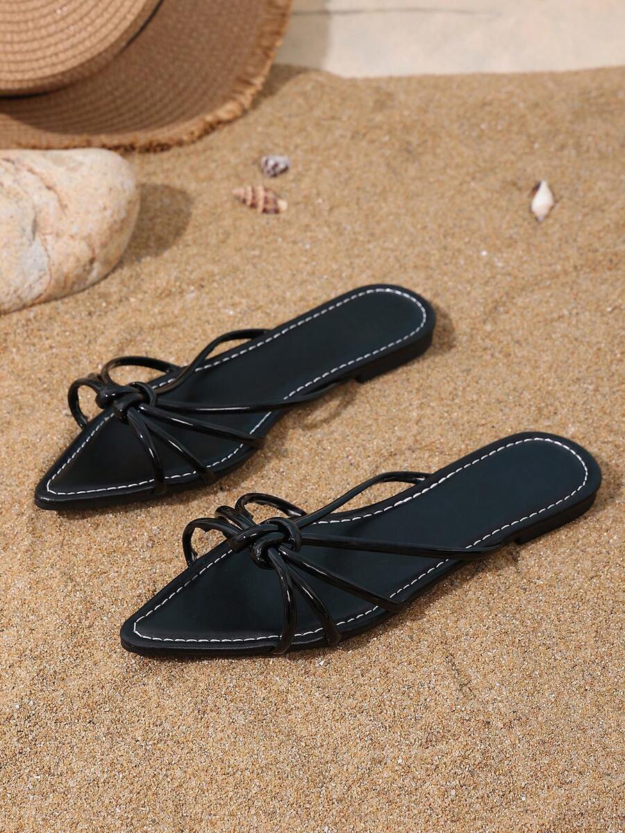 女士尖头黑色穆勒平底凉鞋，露趾无后跟设计，适合夏季日常休闲穿着和海滩度假 - 黑色 - 查看 1