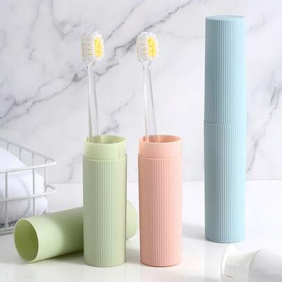 1/2pcs Macaron Color Vertical Striped Anti-Slip Travel Toothbrush Case, Small Portable Toothbrush Holder