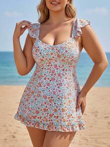 Plus Size Fresh Ditsy Floral Skirted Two Piece Swimsuit - V-Neck Ruffle Top With Waist Tie Modest Tummy Control Swimwear - Multicolor - View 1