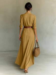 纯色优雅腰部褶裥前开襟纽扣女士黄色长连衣裙，V领长衬衫裙，无弹力面料，A字裙摆（不含腰带） - 鵝黃色 - 查看 4