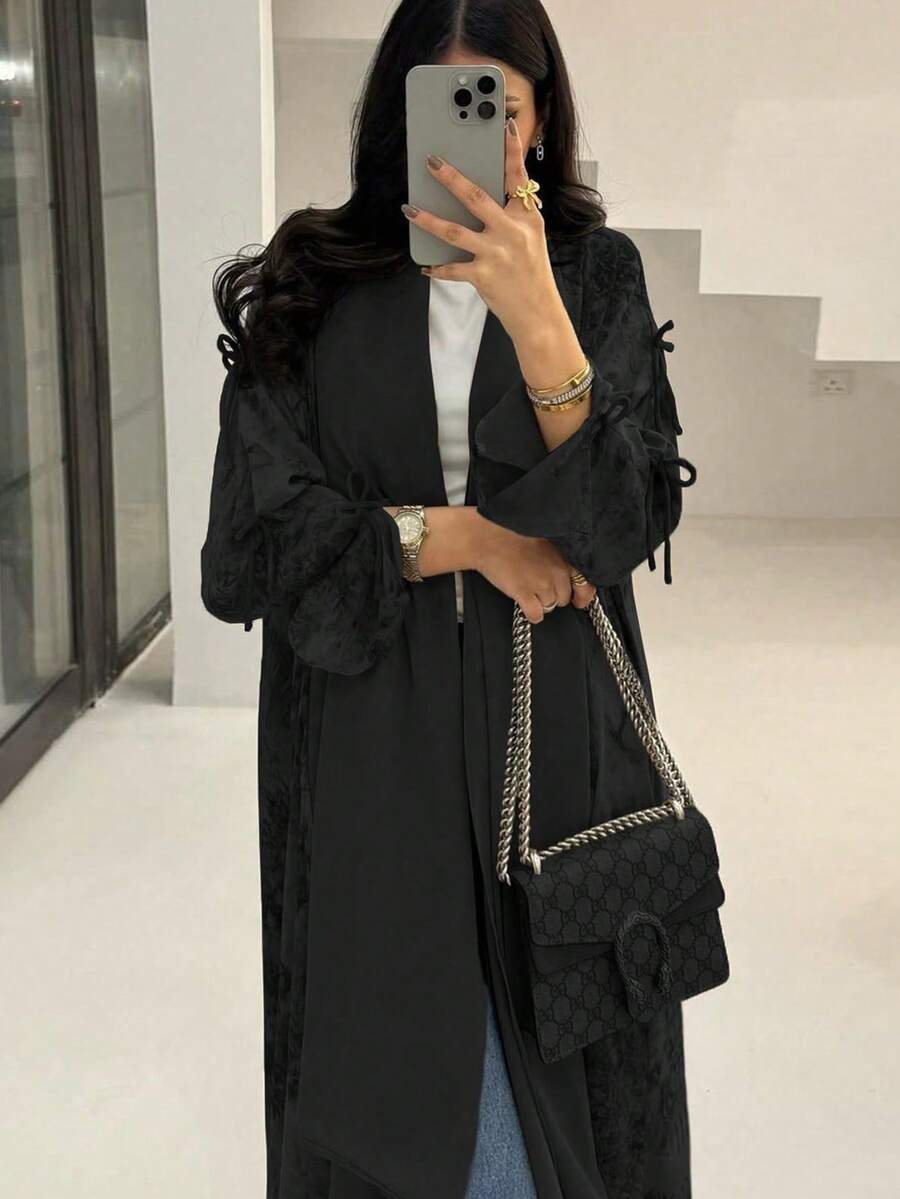 1pc Elegant Tie-Waist Casual Split Cuff Batik Print Abaya, Arabian Dubai Fashion Saudi Open Cardigan Robe Shawl, Suitable For Daily Wear And Gatherings Spring Black - Black - View 1