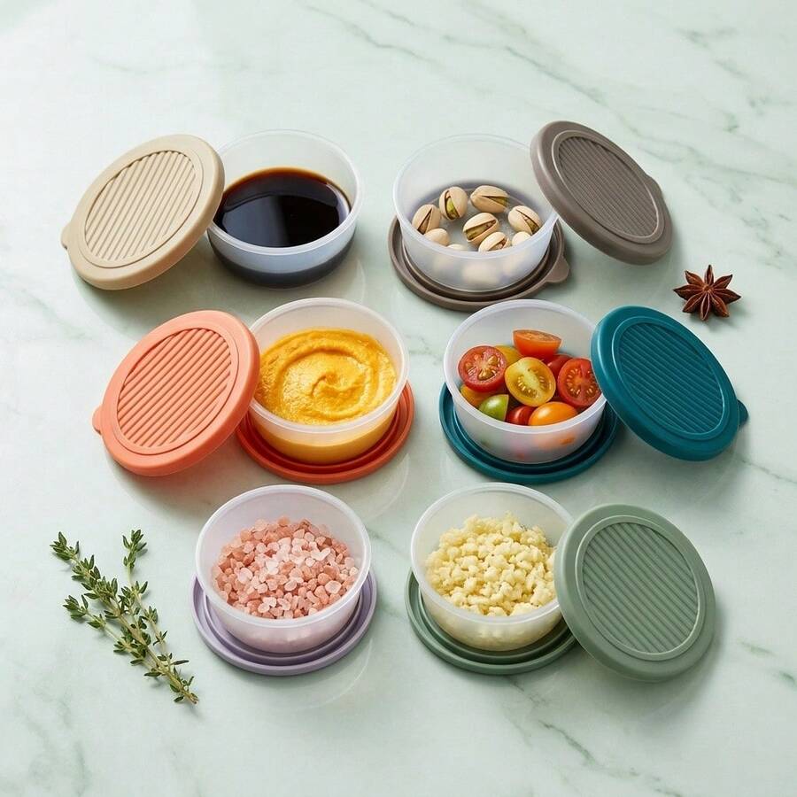 2/6个装 50毫升可爱小熊图案塑料酱料杯，带硅胶盖，便携式密封调味碟，调味品收纳盒，沙拉番茄芥末酱收纳盒，可重复使用，适合学生和成人居家、学校、宿舍、办公室、户外露营、野餐、旅行等场合使用。