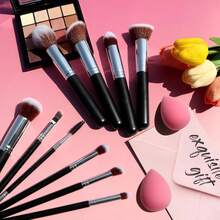 Juego de brochas de maquillaje, brochas profesionales básicas para sombra de ojos, corrector, rubor, base, contorno, incluye 2 esponjas de maquillaje y caja de papel para maquillaje - Negro - Ver 7