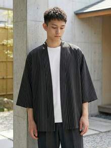 Áo sơ mi kimono nam kẻ sọc dáng rộng, áo khoác cardigan kimono tay lỡ 3/4 nhẹ, vạt mở, phong cách thường ngày dạo phố cho nam - màu đen - Xem 5