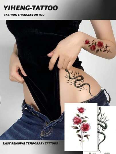2pcs Snake & Flower Temporary Tattoo Designs, Multipurpose Unisex One-Time Use Tattoo Stickers, & Easy To Apply/Remove, Body Art Decoration Stickers For Daily, Travel, Beach, DIY Gift