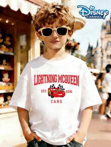 Disney Lightning McQueen, Cars 95 Cartoon T-Shirt, Paired With Black And White Checkered Flag, Full Of Dynamism And Vitality Print Pattern Summer Tops,Short-Sleeved Casual And Cute Style  Children's Clothing Design, Girl Clothes For Kids Clothes ,Ropa Para Niños,Teen Girls Clothes, Summer Clothes,Boys Summer Outfits,Boys Clothes,Perfect For Cool Girls. Comfortable And Breathable Children's Short-Sleeved T-Shirt. Comfortable And Casual Wear All Year Children's Clothes,Comfortable & Lightweight, Iconic Print For Mix-And-Match Outfits,Suitable For Both Boys And Girls. - 白色 - 查看 2
