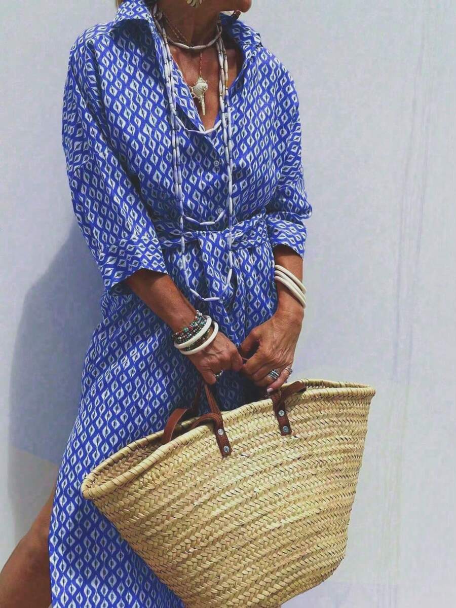 女士宽松下摆开衩短袖衬衫裙，轻薄涤纶面料，落肩设计，休闲优雅商务时尚连衣裙，建议选择小一码以获得宽松版型，适合春夏日常办公、度假、旅行穿着。 - 藍色 - 查看 1