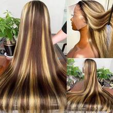 34 Inch Honey Blonde Ombre Lace Front Wig Human Hair 250 Density 13x4 HD Lace Frontal Wigs Pre Plucked Highlight Brown 4/27 Colored Straight Wigs Human Hair - S4/27 - 查看 4