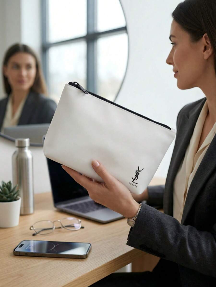 1 Túi nhỏ bằng da giả màu trắng, khóa kéo, cỡ trung bình - Phong cách tối giản sang trọng, in logo  Beaute, hình thang, túi đựng mỹ phẩm đa năng cho du lịch và sử dụng hàng ngày. - trắng - Xem 1