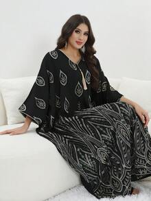 Mẫu thiết kế mới năm 2026: Áo dài Ả Rập Jalabia thêu hạt cườm bạc thanh lịch với tua rua, cổ chữ V và tay áo loe, kiểu Abaya thời trang và sang trọng, váy dài truyền thống dành cho nữ mùa xuân/hè 2026 cho lễ Eid Al-Adha. - màu đen - Xem 10