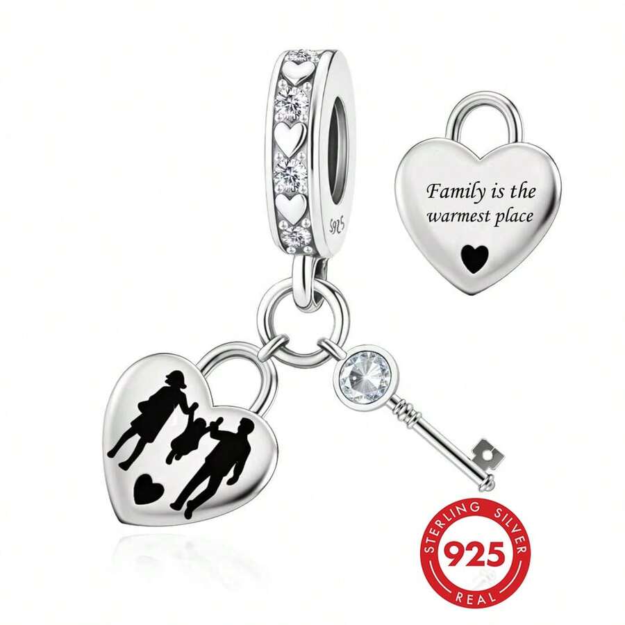 1 pieza Colgante de plata de ley 925 con forma de corazón y llave de familia, colgante con tallado de contorno, regalo familiar unisex - Plateado - Ver 1