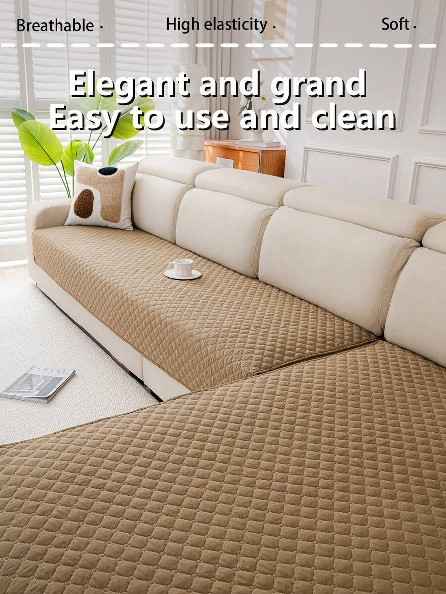 1 tấm bọc ghế sofa chần bông siêu âm, kiểu dáng tối giản hiện đại, họa tiết lưới hình học, bảo vệ ghế sofa khỏi hư hại, sử dụng được quanh năm, đáy chống trượt, có thể giặt máy, phù hợp với ghế sofa 1/2/3/4 chỗ ngồi và ghế sofa hình chữ L. - Màu Khaki - Xem 1
