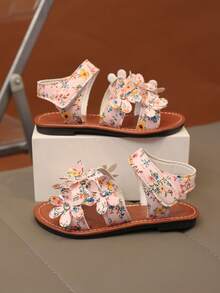 1 Pair Girls' Floral Decor PU Sandals, Soft Sole Non-Slip Wear-Resistant Open Toe Design, Flat Low Heel, Sweet Fresh Style, Children's Sandals For Daily, School, Outdoor, Beach, Summer Breathable & Comfortable - Pink - View 7