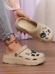 MAOLI 3D Decor Black Cat & Fish Cartoon Decoration Women's Clogs, 5cm Platform Thick Sole Funny Sandals, Summer New Soft Thick Non-Slip Slippers, Cat Claw Decor Fashion Sandals, Suitable For Home, Beach, Shower, Lightweight With Strap Open Toe Breathable Outdoor Casual Slippers - Light Brown - View 2