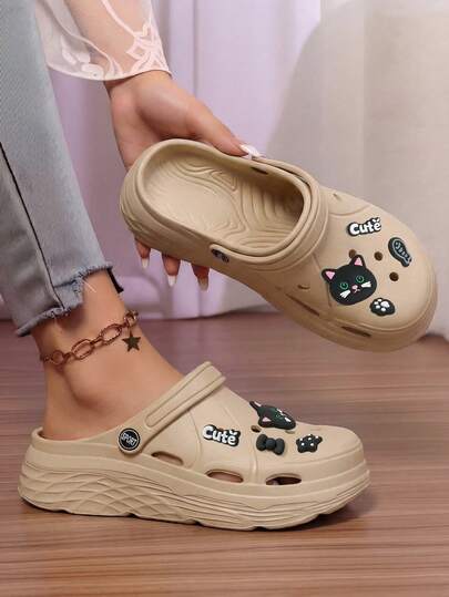  MAOLI 3D Decor Black Cat & Fish Cartoon Decoration Women's Clogs, 3cm Platform Increase, Funny Sandals For Summer, Soft Thick Sole Non-Slip Slippers. Cat Claw Decor Fashion Women Sandals, Suitable For Home, Beach, Shower, Lightweight With Strap Open Heel Breathable Outdoor Casual Daily Slippers, Women Plastic Slides
