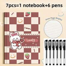 7件套（1本螺旋笔记本+6支笔）可爱动物封面笔记本，A5尺寸，80页厚实米色纸张，硬面横线笔记本，适合学生、办公人士、日常计划、会议记录、学习用品 - 1 Set - 查看 14