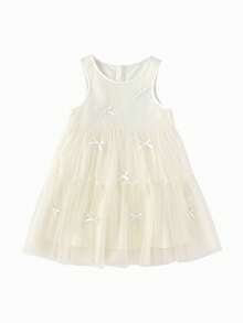 Girls Summer Sleeveless Tulle Dress 2026, Sweet Princess Style, Soft Breathable Mesh, Lightweight Party & Daily Wear - Yellowish White - View 4
