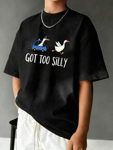 Tween Boy Cartoon Duck Print Crew Neck T-Shirts Spring And Summer Cool Boy's Casual Tee Soft Tops - Black - View 1