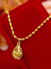 1pc 24K Gold Plated Copper Minimalist Hollow Design Round Ball Pendant Necklace, Suitable For Women's Daily And Holiday Wear As Jewelry Gift - 黃金4 - 查看 5