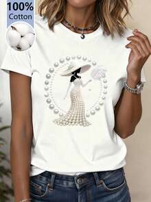 女士夏季珍珠印花休闲宽松舒适时尚纯棉圆领短袖T恤 - 白色 - 查看 7