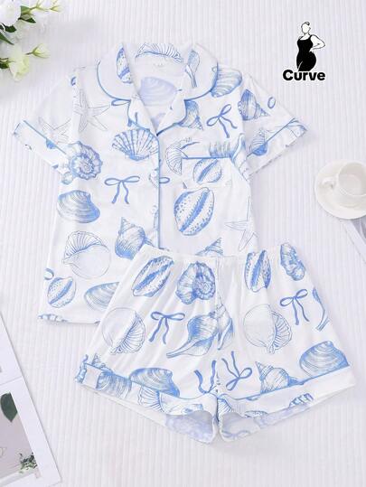 Bộ đồ ngủ 2 món/bộ nền trắng in họa tiết vỏ sò xanh cỡ lớn dành cho nữ, áo sơ mi mềm mại có cổ tay ngắn cài nút và quần short thun rộng rãi, trang phục mặc hàng ngày/đồ ngủ/tiệc tùng đẹp và thời trang, đồ mặc ở nhà và ngoài trời thoải mái