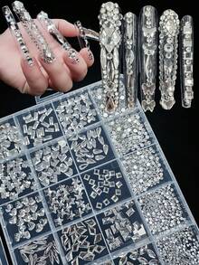 KIRAME 24-Slot DIY Nail Art Rhinestone Kit - 20pcs High Gloss Rhinestones Of Each Color With 1 Rhinestone Drill Pen, Nail Gems, Nail Salon, Home Manicure, Nail Art Supplies, Christmas, New Year, Valentine's Day, Mother's Day, Holiday Gift, Suitable For Handicrafts, Clothing, Fabrics, Shoes, Glass Products, Jewelry Making - Multi-Size Sparkling Decor - White - View 4